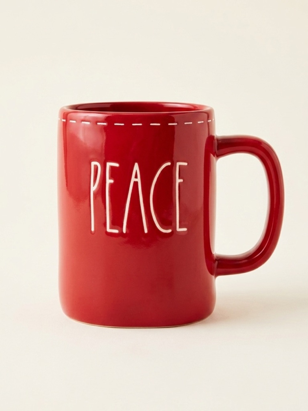 Rae Dunn PEACE Red Ceramic Coffee Mug White Stitched Rim Artisan Collection NWOT